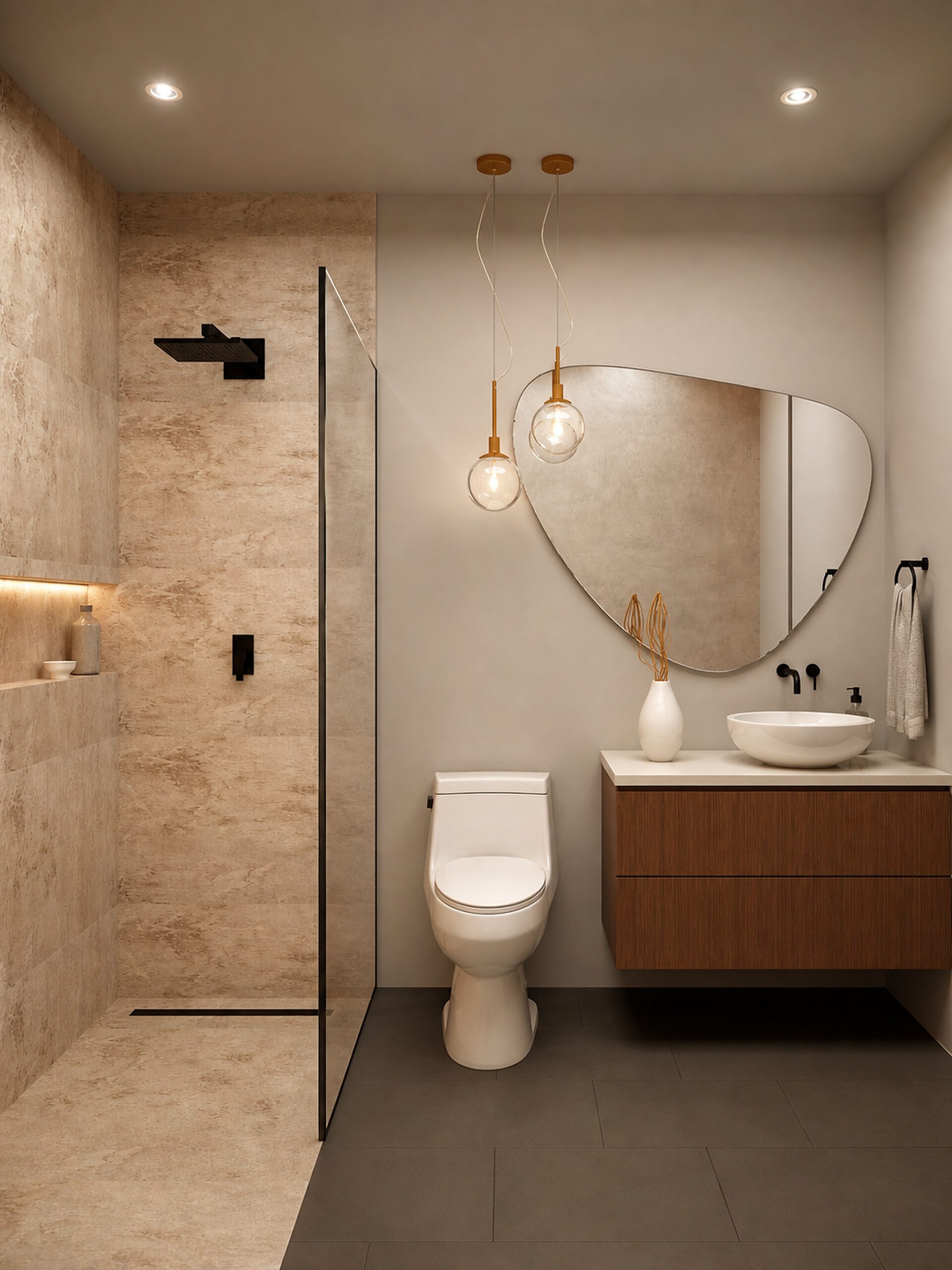 Renovation in Pinecrest bath with organic mirror, warm pendant glow, pale stone shower, and wood vanity