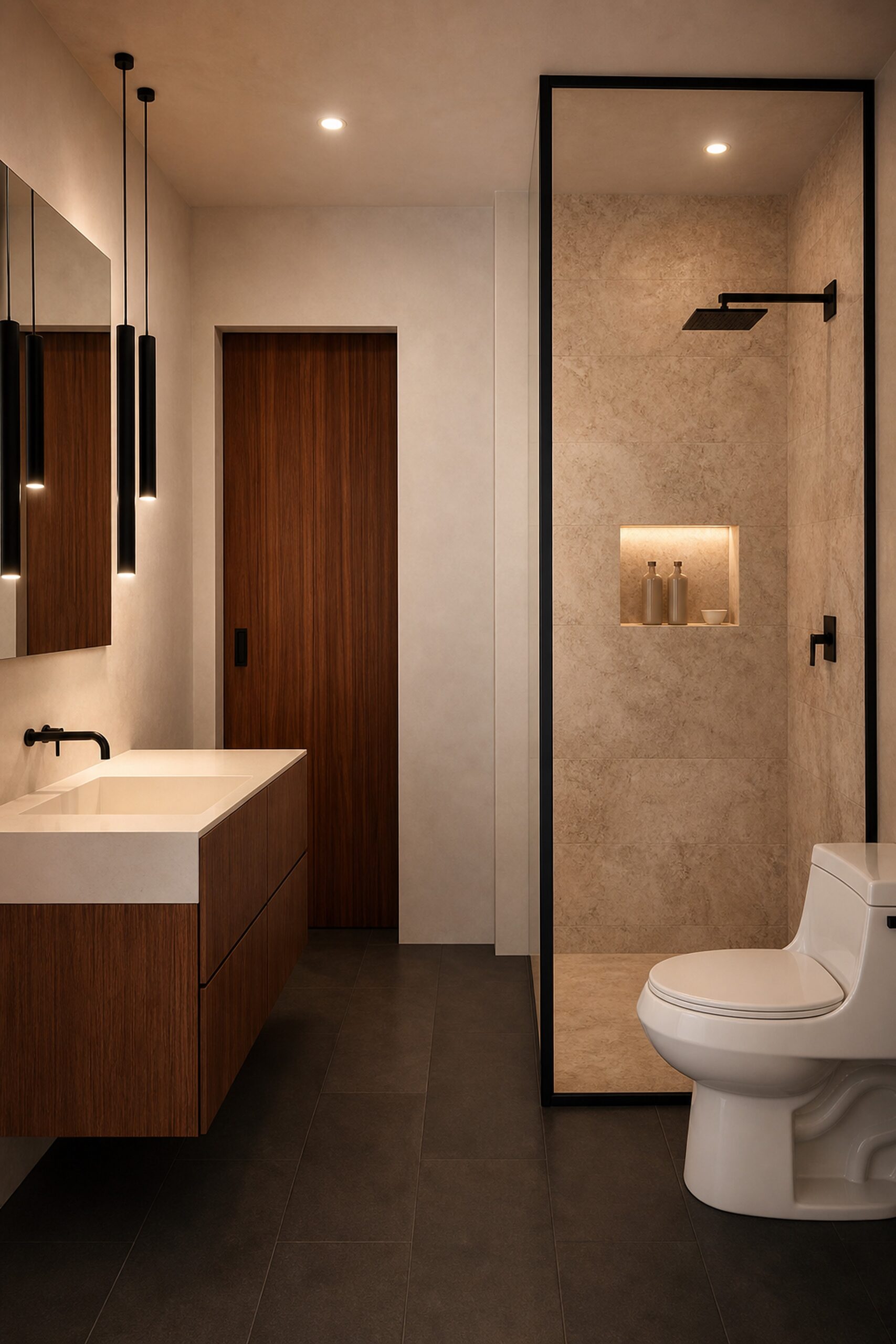 Renovation in Pinecrest bath with pale stone shower, floating wood vanity, black fixtures, and warm niche lighting