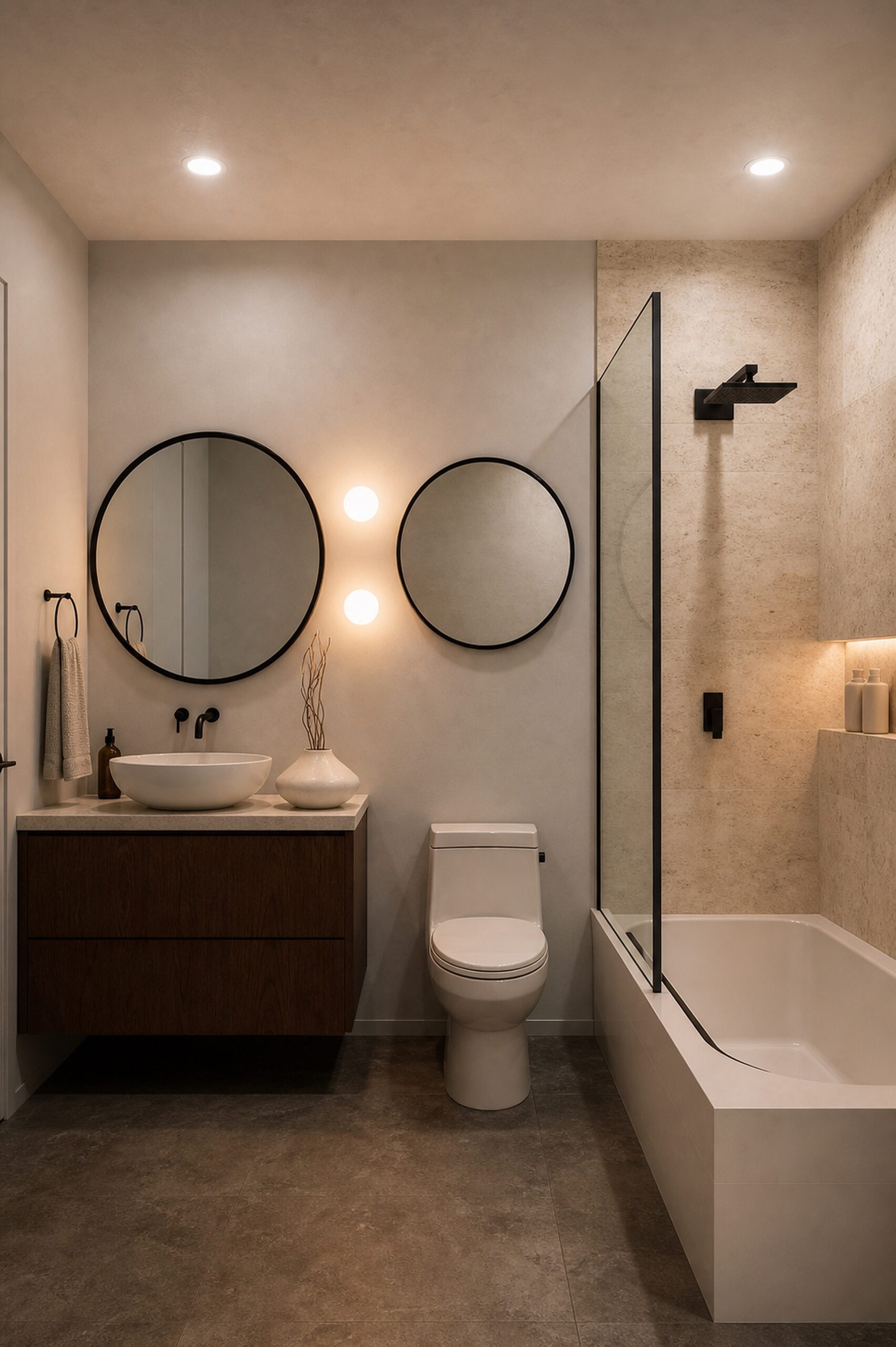 Renovation in Pinecrest bath with round mirrors, warm sconces, pale stone shower, and dark floor