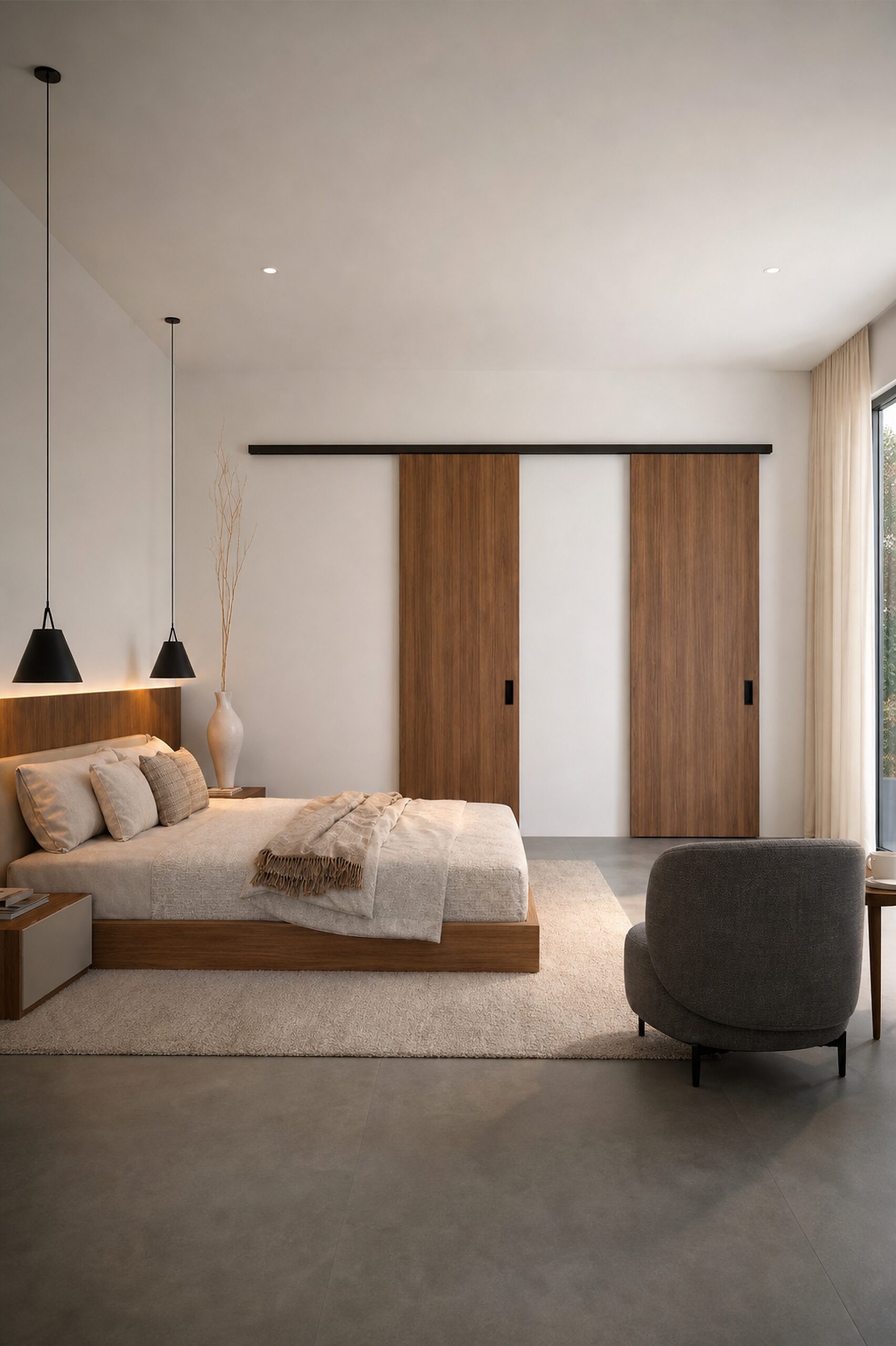 Renovation in Pinecrest bedroom suite with custom sliding wood doors, warm millwork, and soft daylight