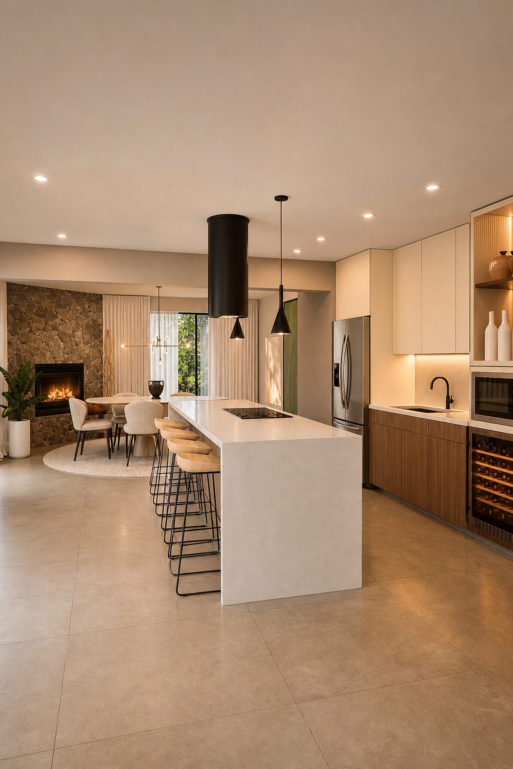Renovation in Pinecrest kitchen and great room with warm custom millwork, waterfall island, and soft architectural lighting