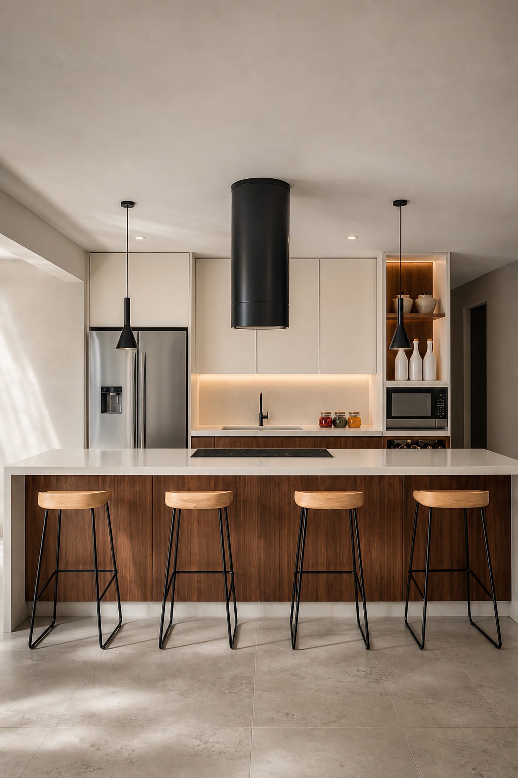 Renovation in Pinecrest kitchen island with warm custom millwork, white counter, black hood, and slim pendant lights