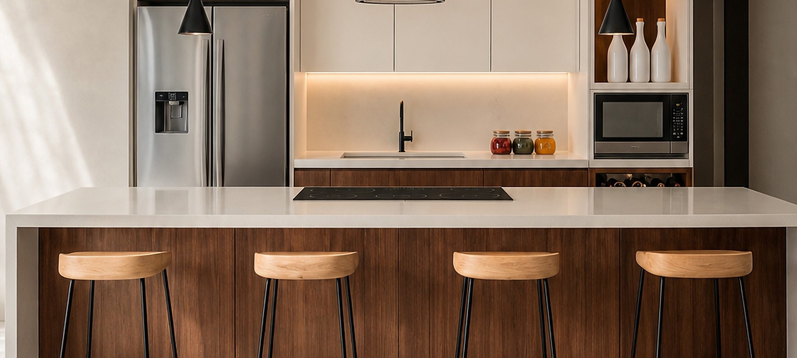 Renovation in Pinecrest wide kitchen island view with custom millwork and black hood