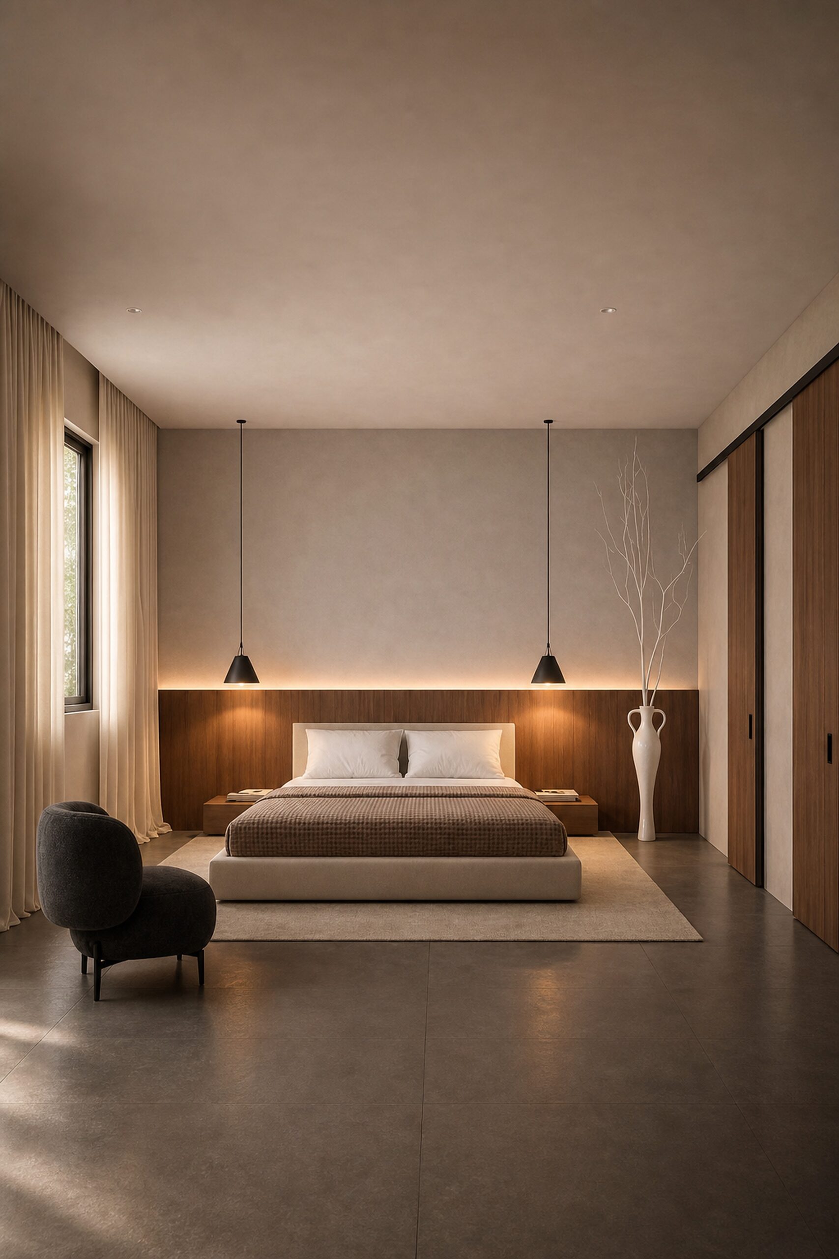 Renovation in Pinecrest primary bedroom with warm wood doors, black pendants, and quiet neutral restraint