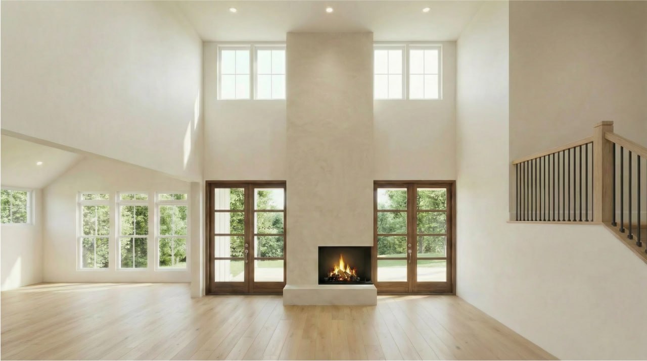 Illuminated arched shelving and warm cabinetry