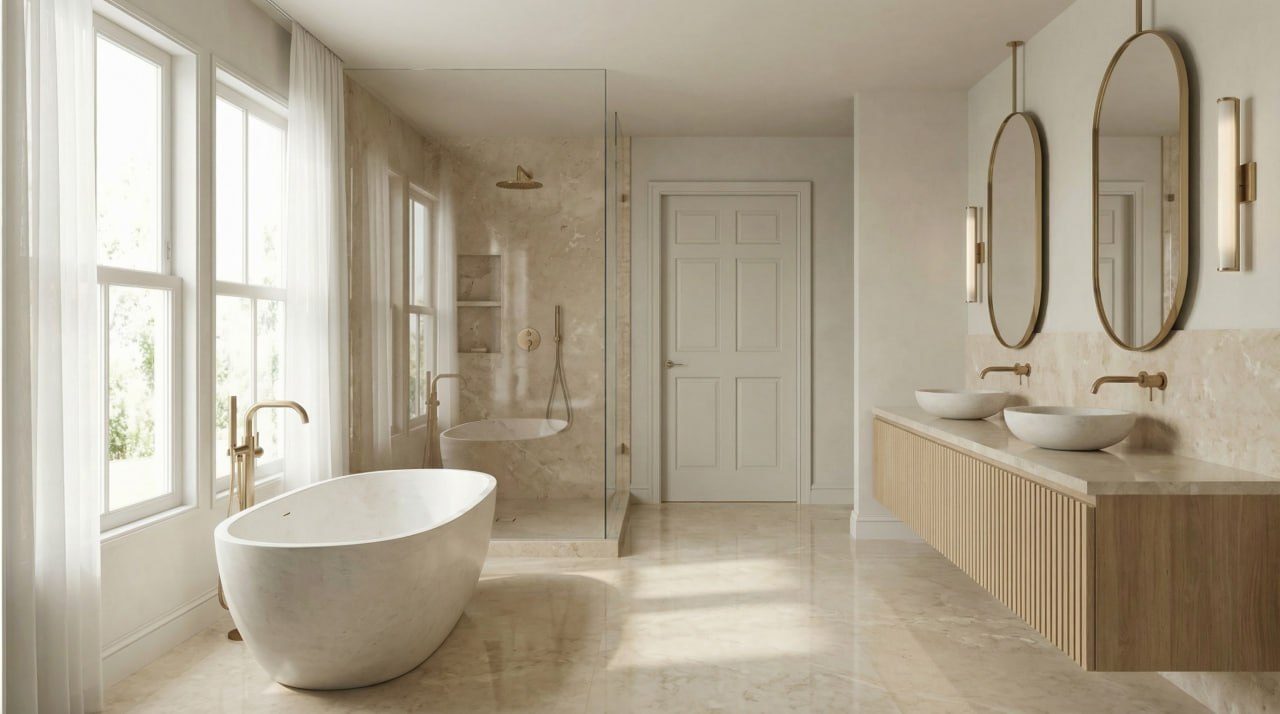 Bathroom with shower and double vanity