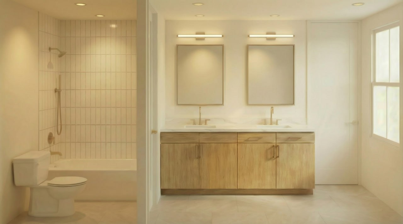 Secondary bathroom with wood vanity and wall lighting