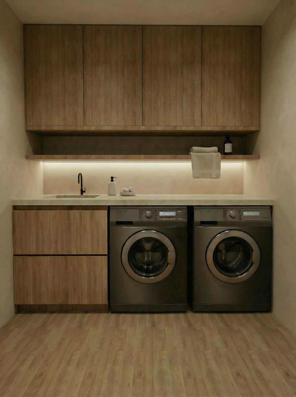 Laundry room with custom wood cabinetry and integrated lighting