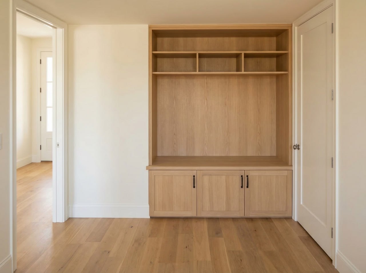 Built-in shelving and lower storage cabinet