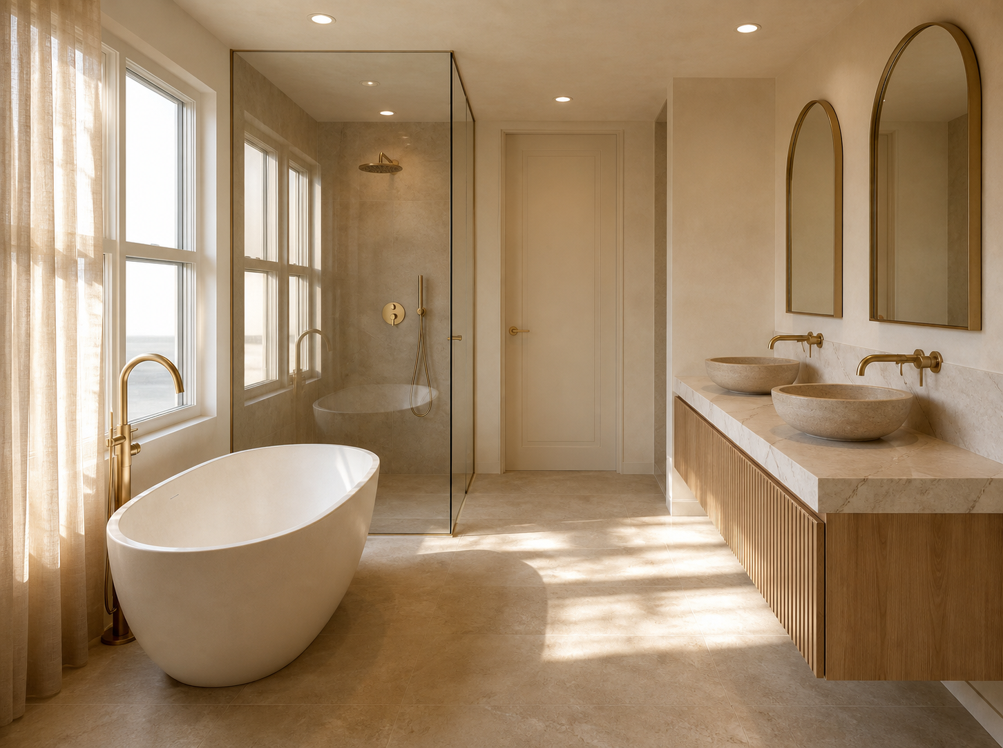 Photoreal bath suite with freestanding tub, glass shower, warm vanity, arched mirrors, and soft natural light
