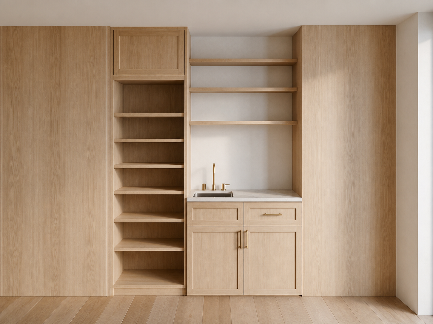 Photoreal pale wood built-in storage niche with shelving, sink, brass faucet, and lower cabinetry