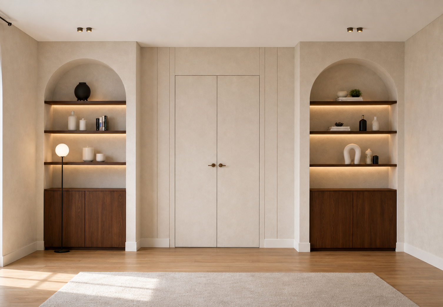 Photoreal arched custom millwork wall with illuminated shelving, warm cabinetry, and central storage