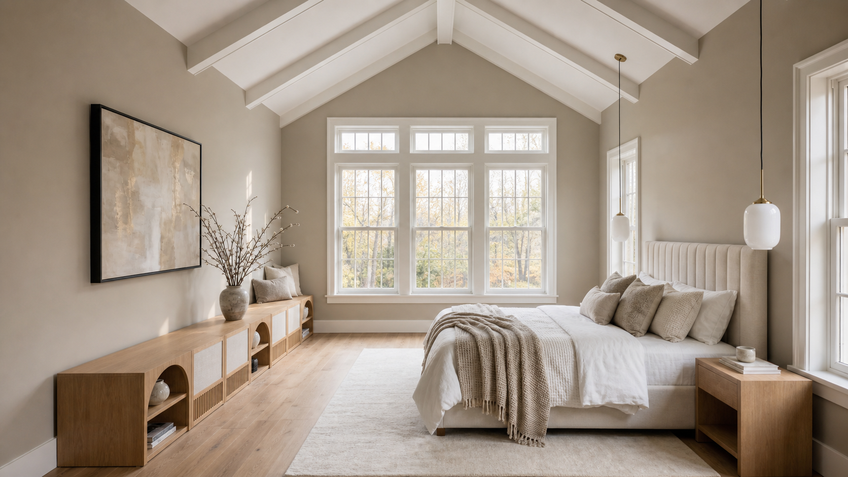 Photoreal vaulted bedroom with soft neutral bedding, warm wood floor, and natural daylight
