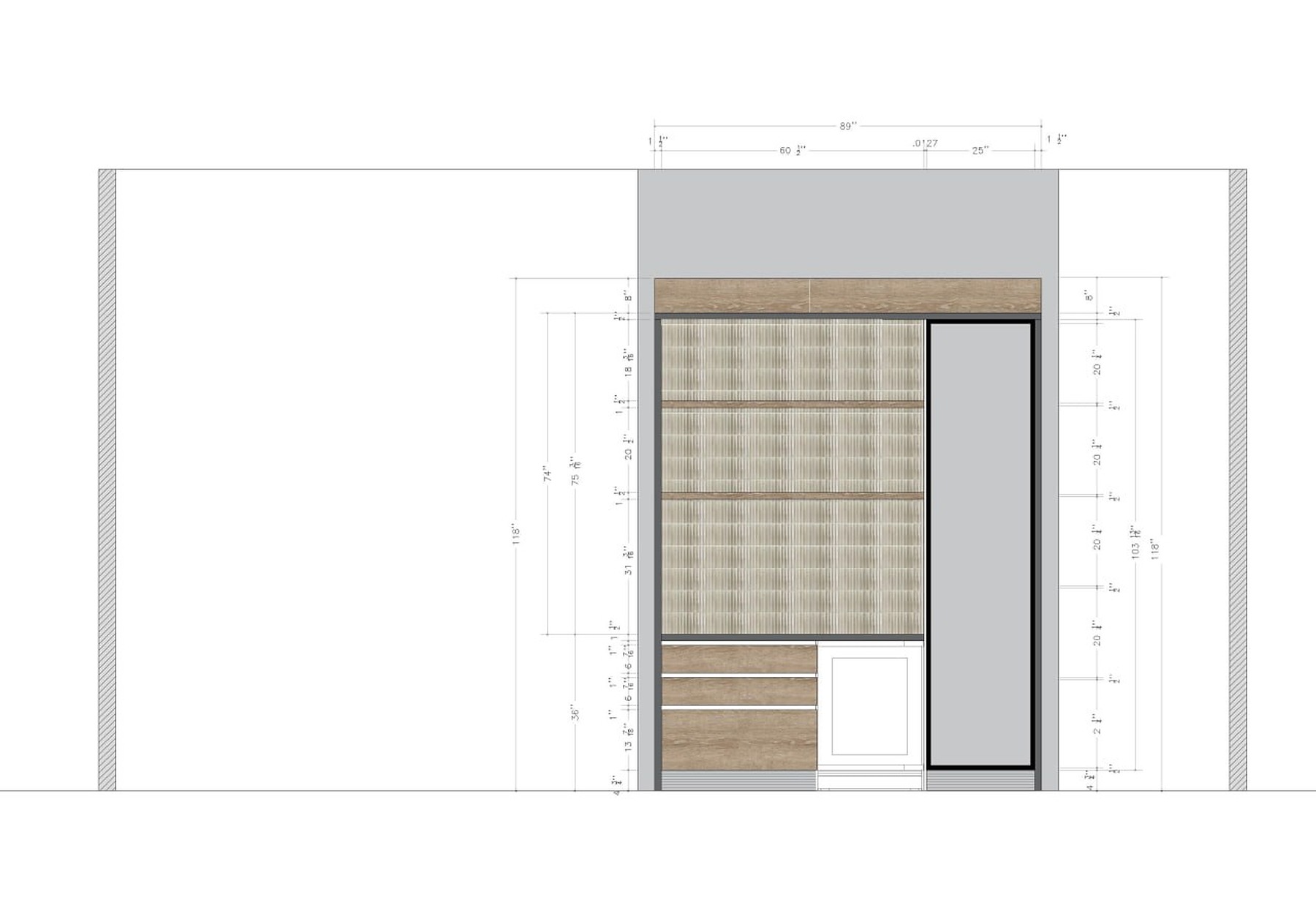 Webb Residence bar storage custom millwork elevation drawing with fluted panel, wood drawers, appliance opening, and tall cabinet
