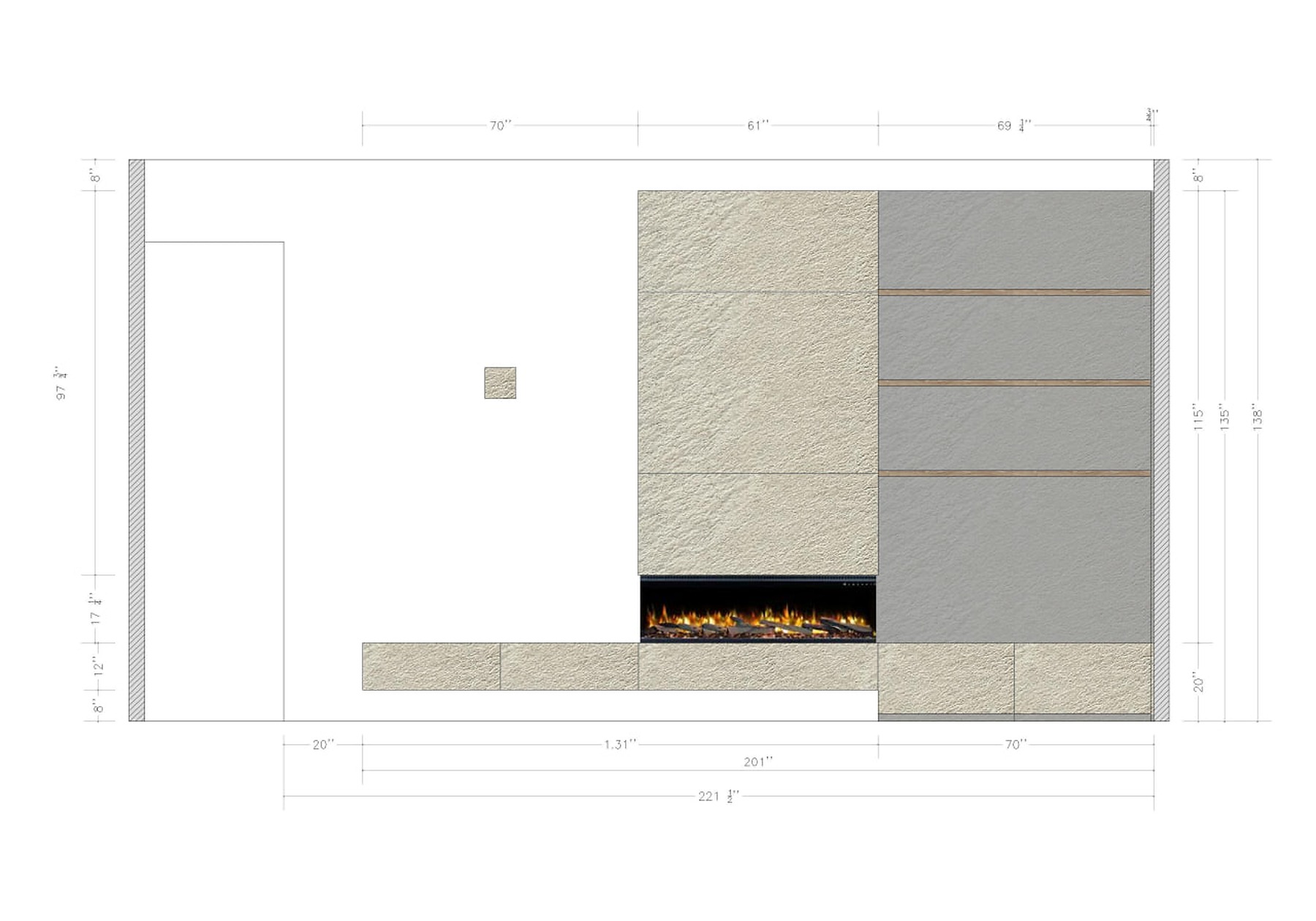 Webb Residence fireplace media wall technical elevation drawing with shelves, stone panels, and fireplace