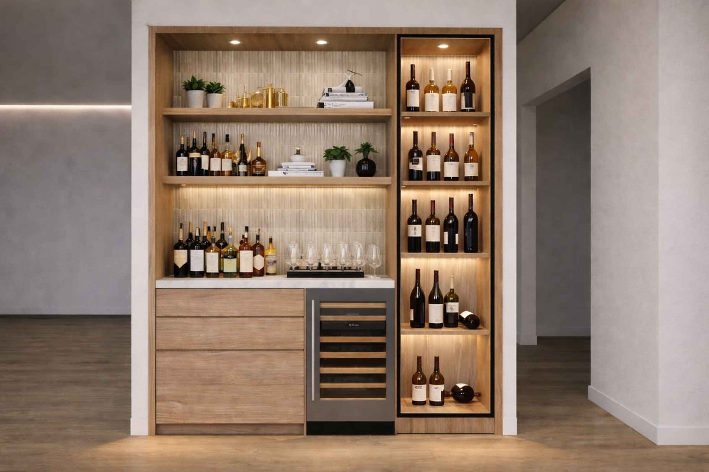 Webb Residence wine bar with warm custom millwork, illuminated bottle display, drawers, and integrated appliance storage