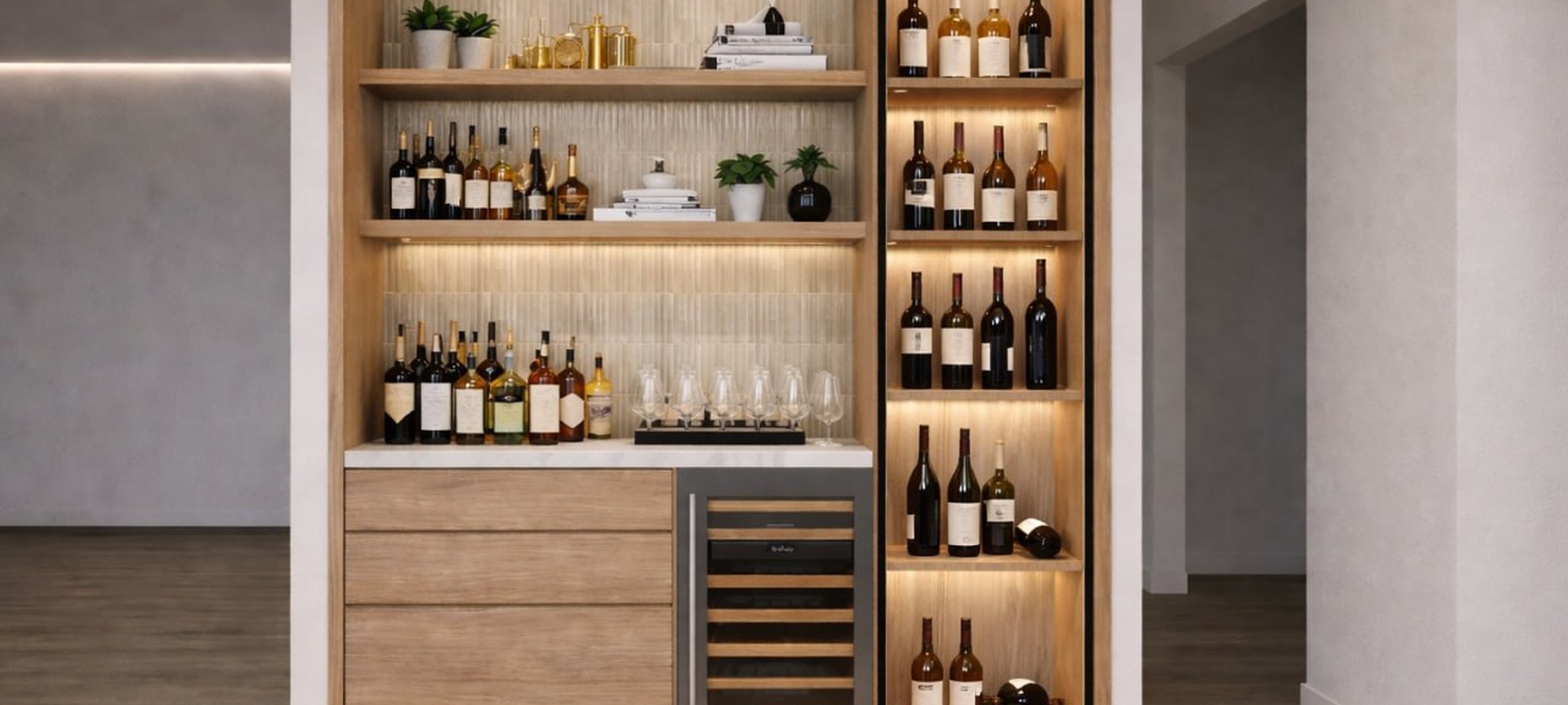 Webb Residence custom wine bar millwork with warm wood display and integrated lighting