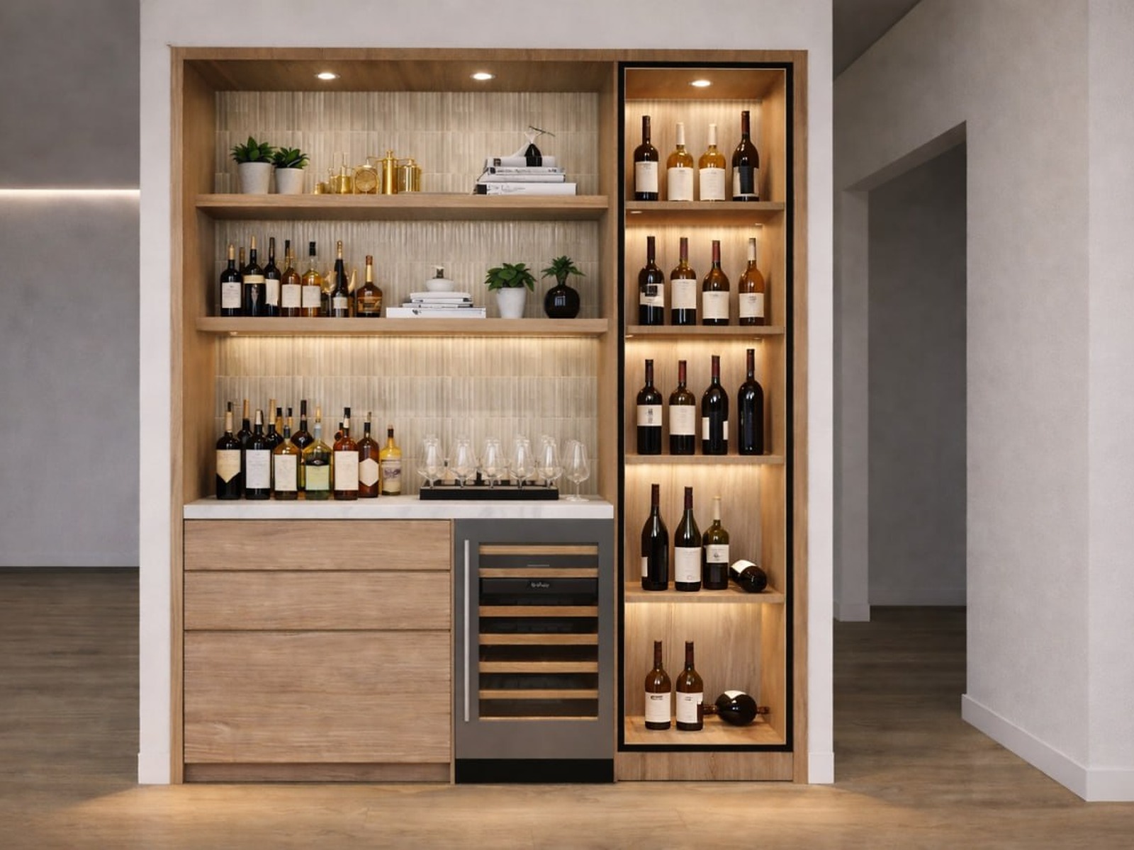 Webb Residence custom wine display millwork detail with illuminated warm wood shelving and bottle storage