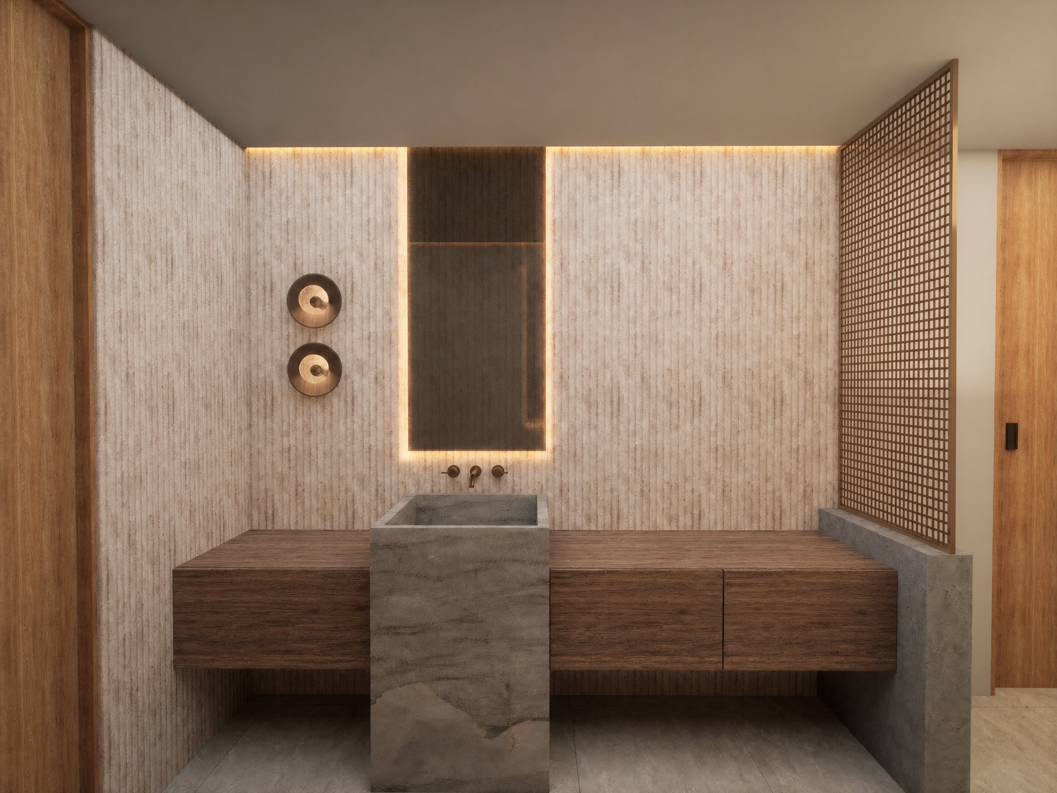 Primary bath with freestanding tub, full-height glass, warm stone, and garden view