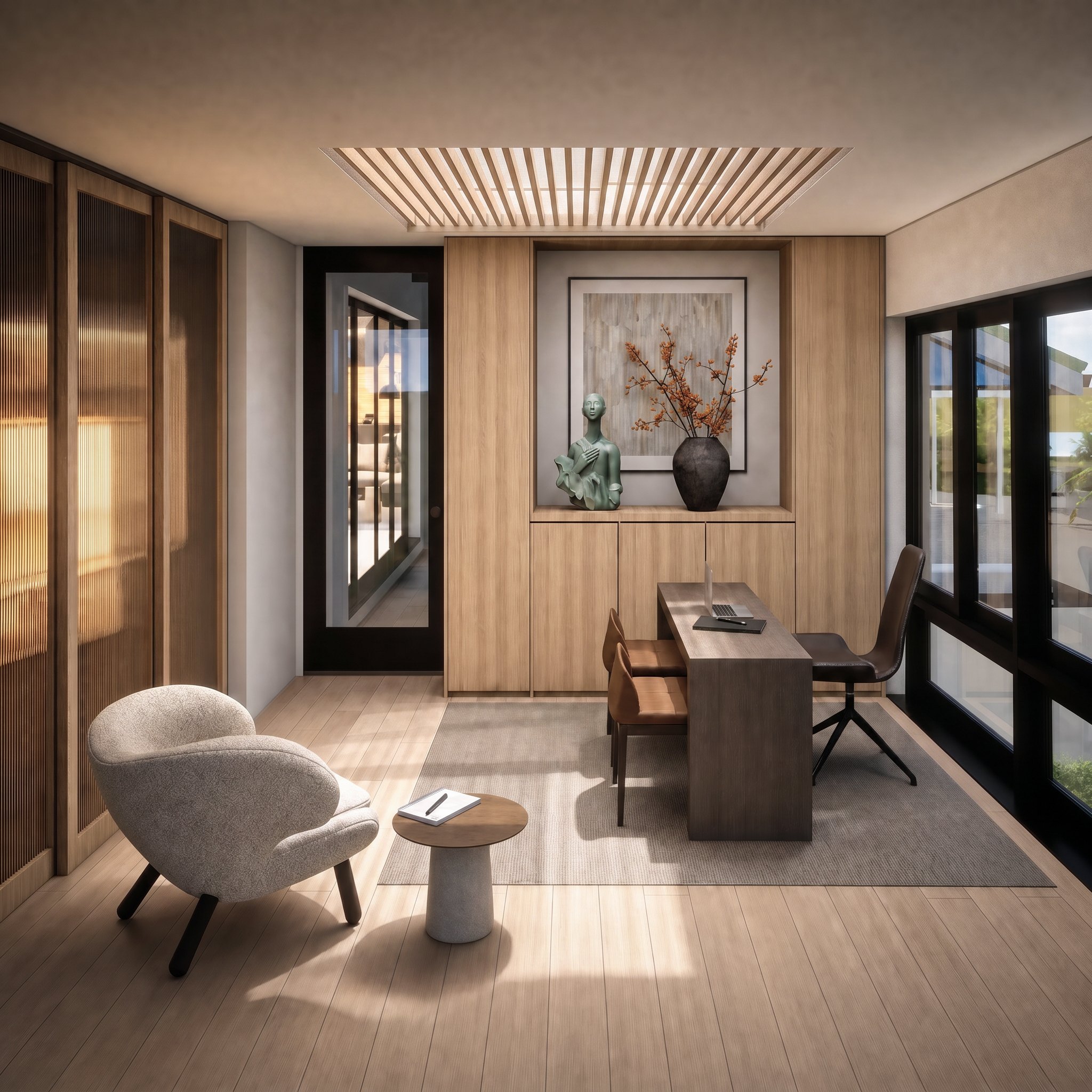 Study with skylight, custom pale wood millwork, desk, lounge chair, and garden views