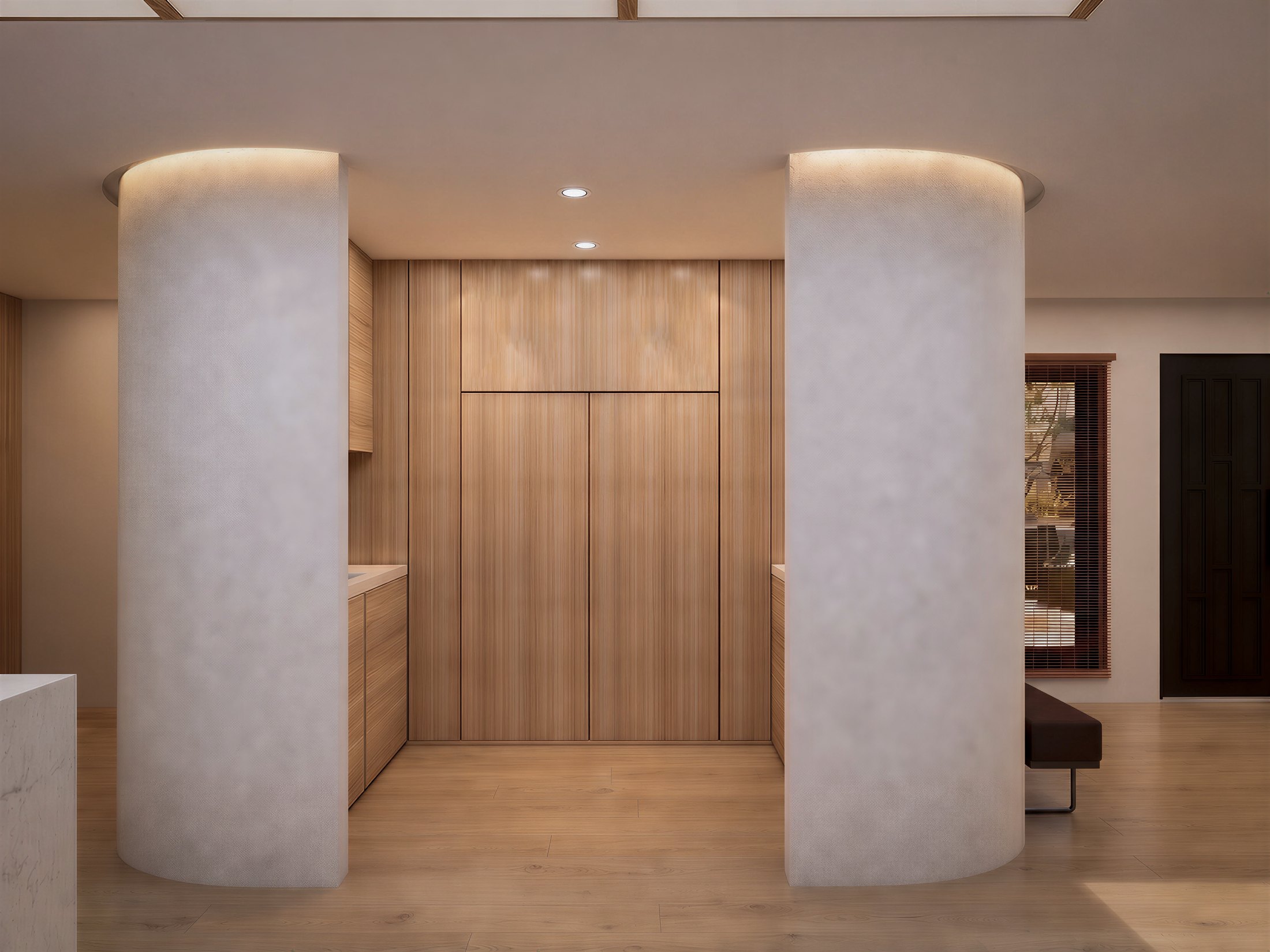 Kitchen and dining area with warm custom millwork, large island, skylight, and garden connection