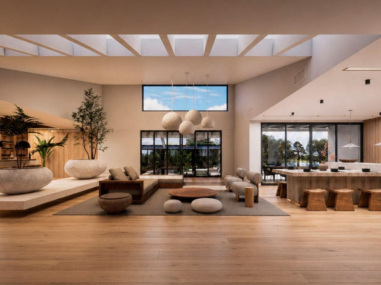 Delray Residence open-plan interior with skylights, warm wood, sculptural seating, and integrated kitchen