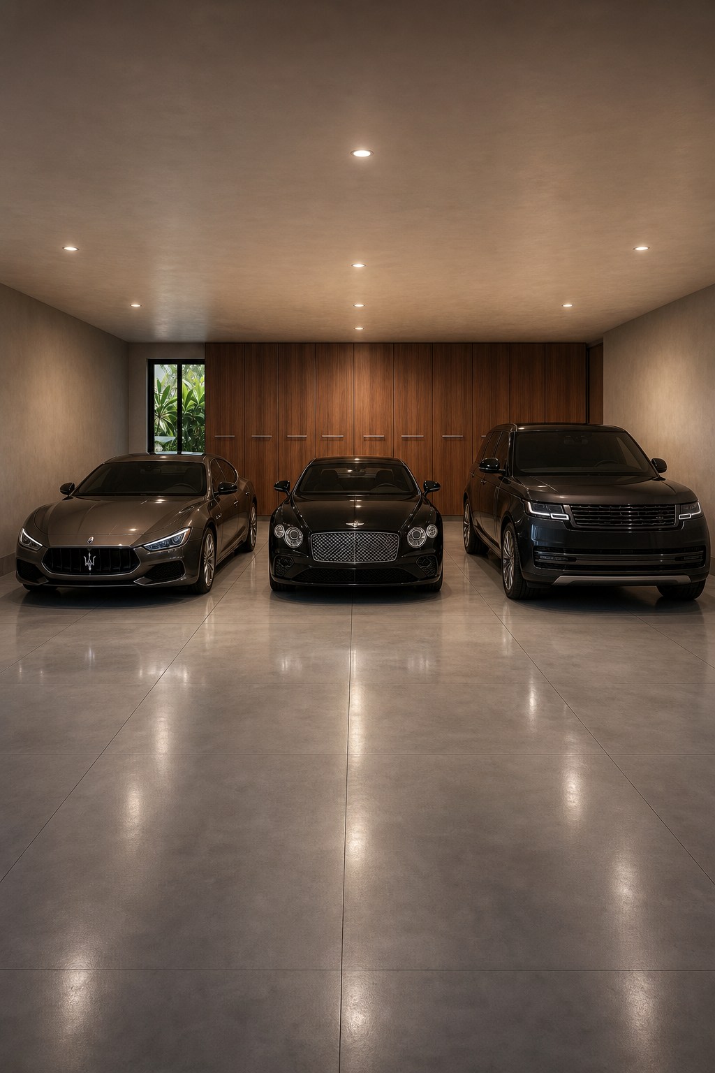 The Delray Residence three-car garage with luxury cabinetry, extended polished floor, Maserati, Bentley, and Range Rover