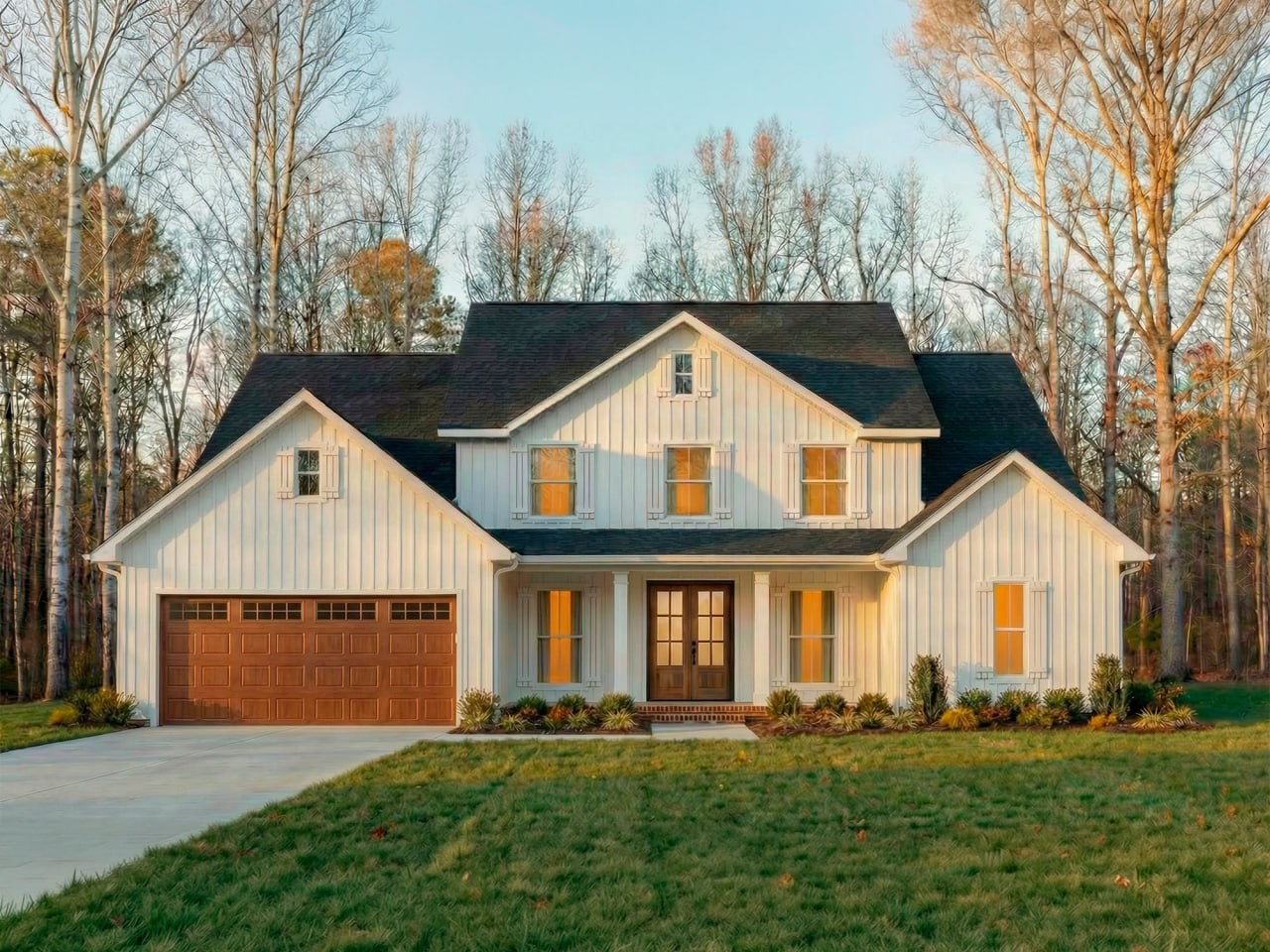 Greenville Residence exterior with white gabled facade, warm wood garage door, and wooded setting