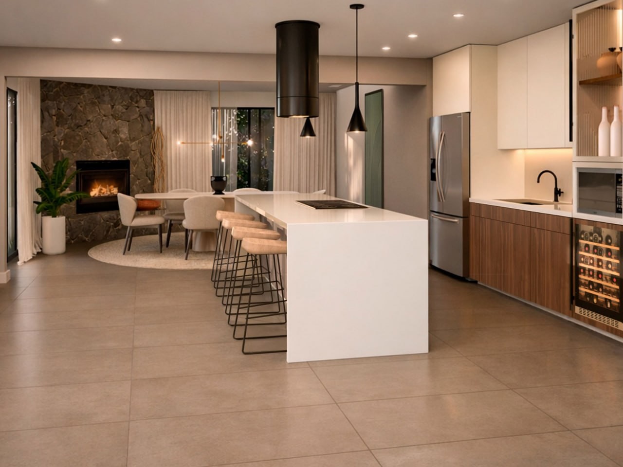 Pinecrest renovated kitchen with white waterfall island, wood cabinetry, black pendants, and stone fireplace