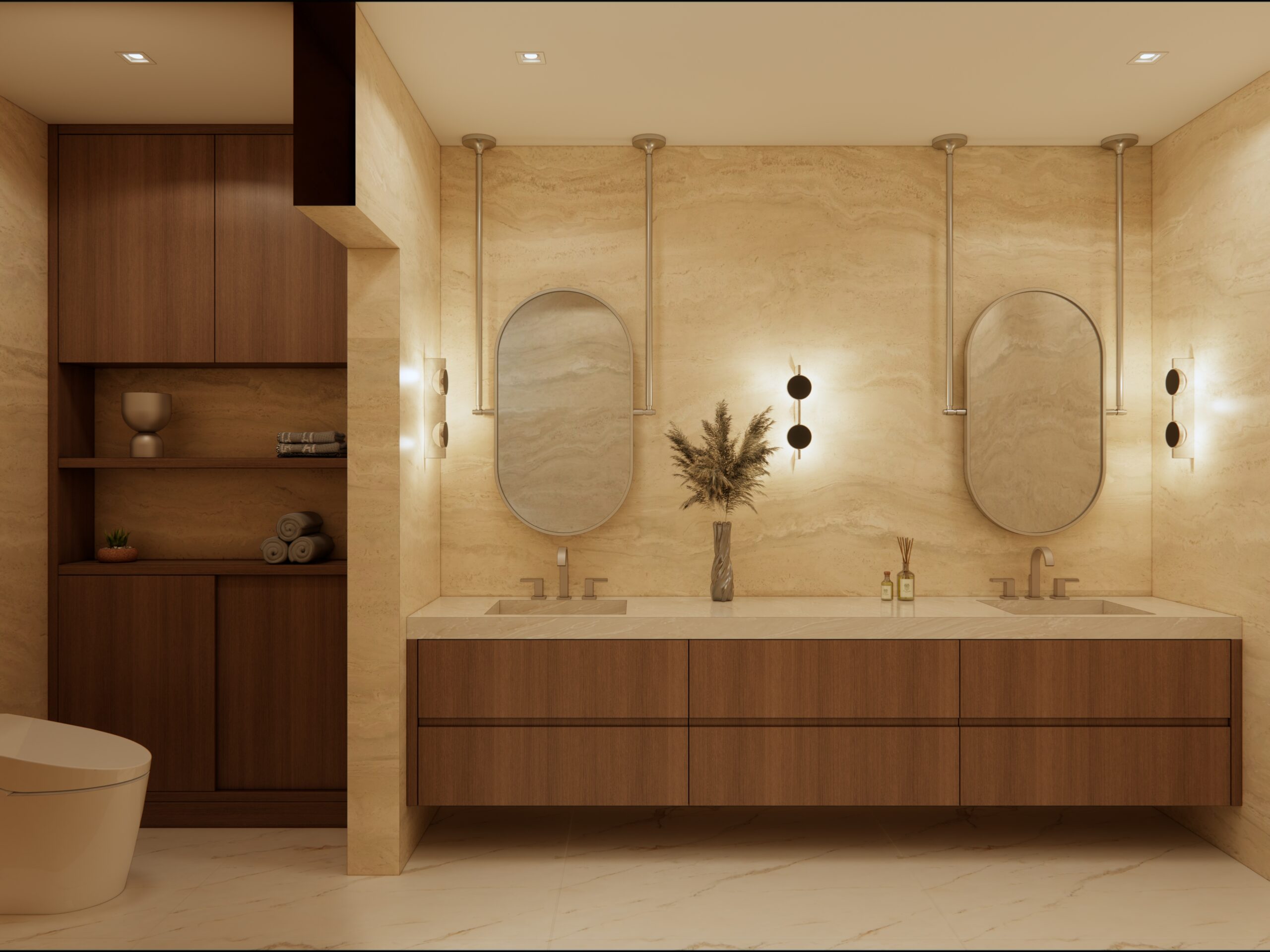 Warm stone bathroom with double vanity and custom walnut millwork