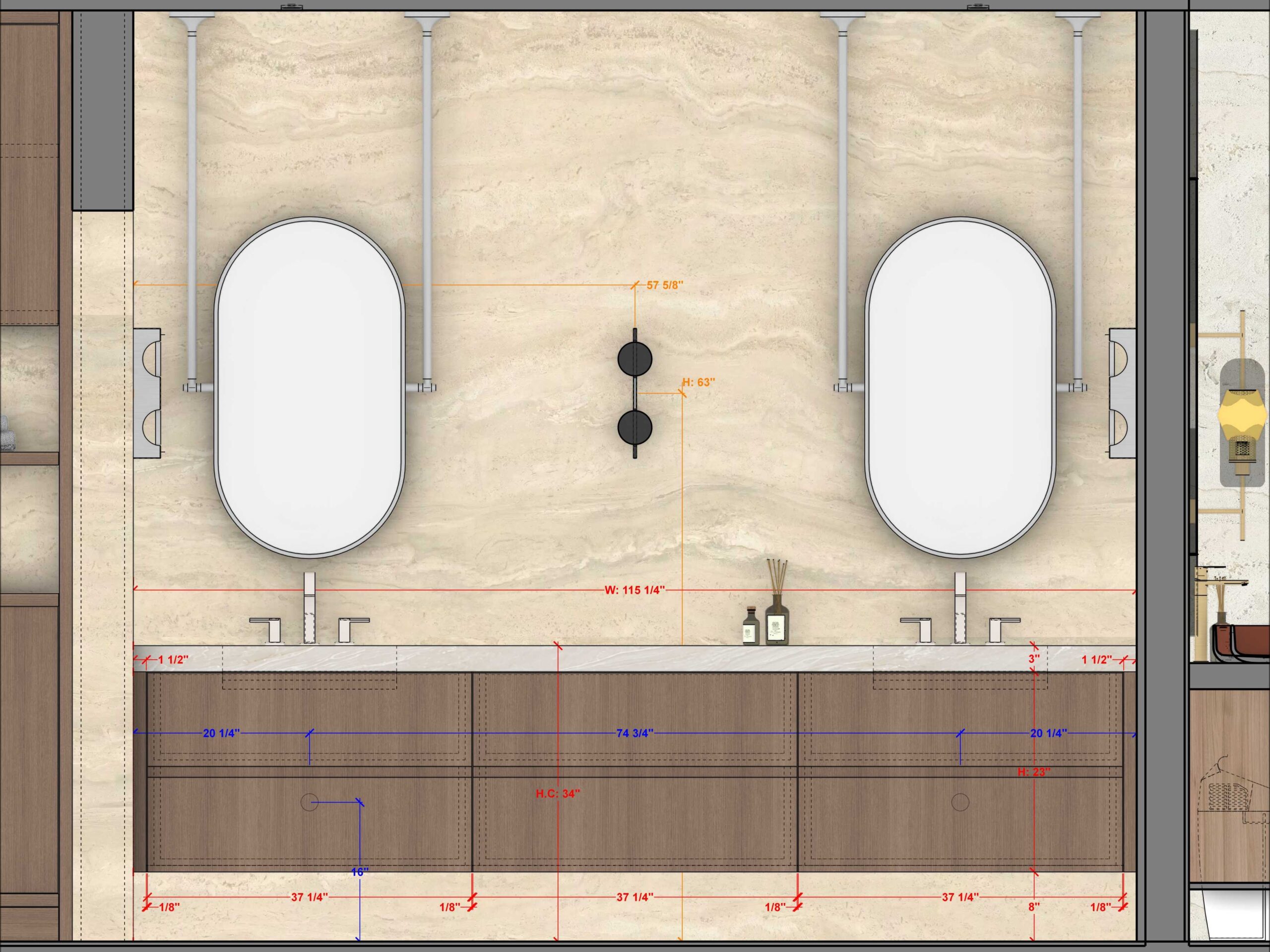 Technical front elevation of a double vanity bathroom wall