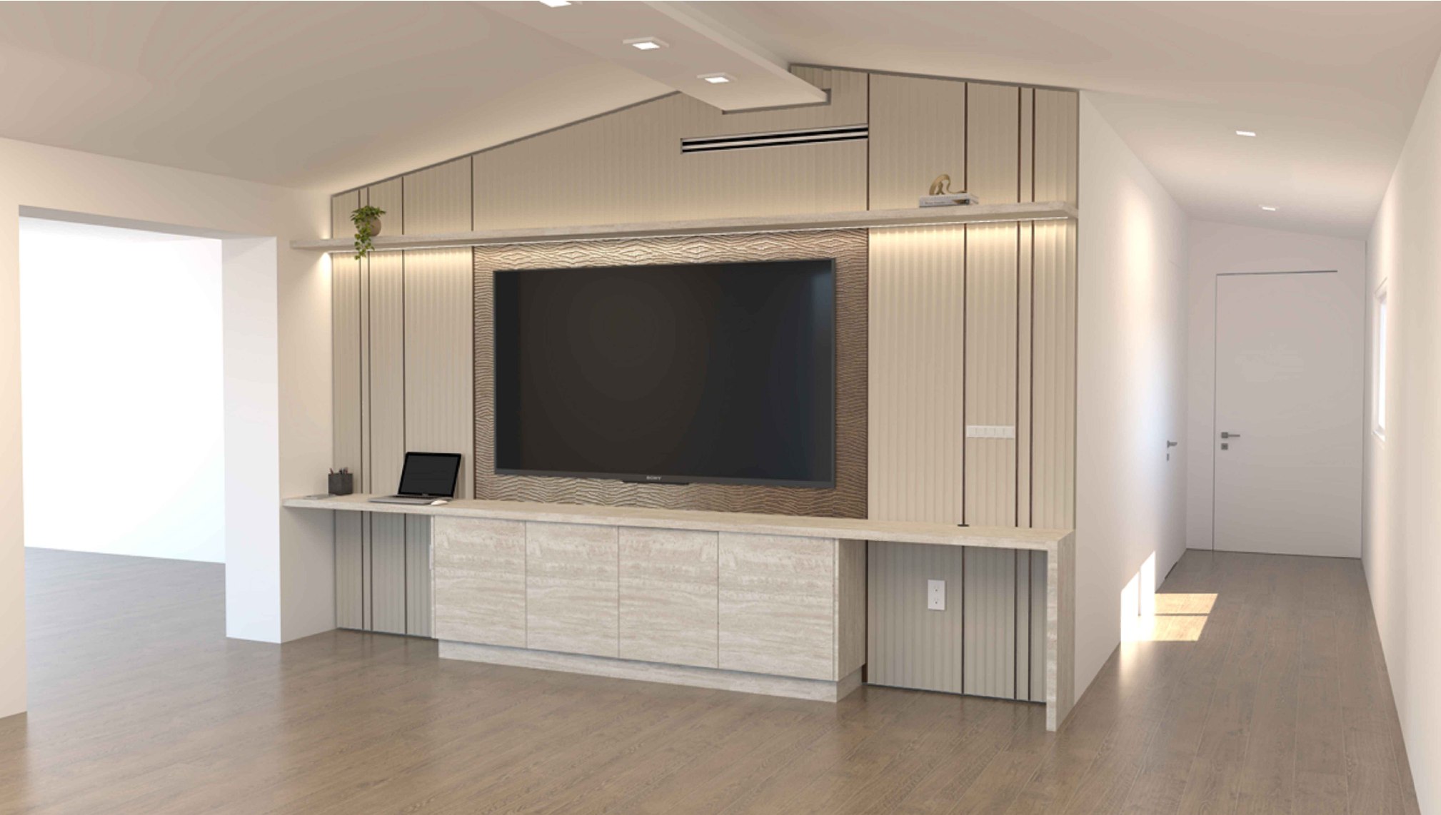 Design visualization of a custom television wall with integrated millwork