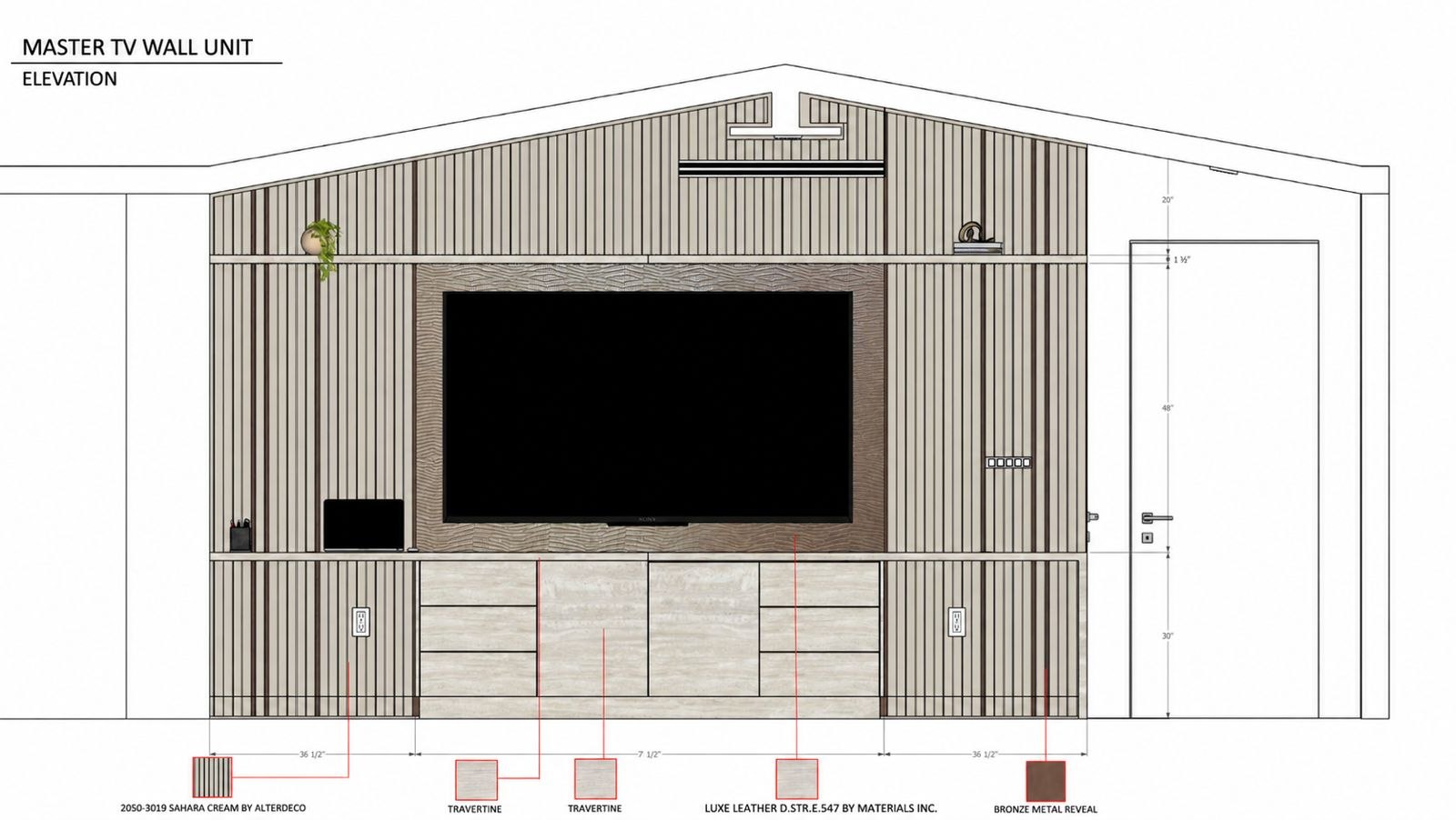 Technical elevation for a custom television wall millwork system