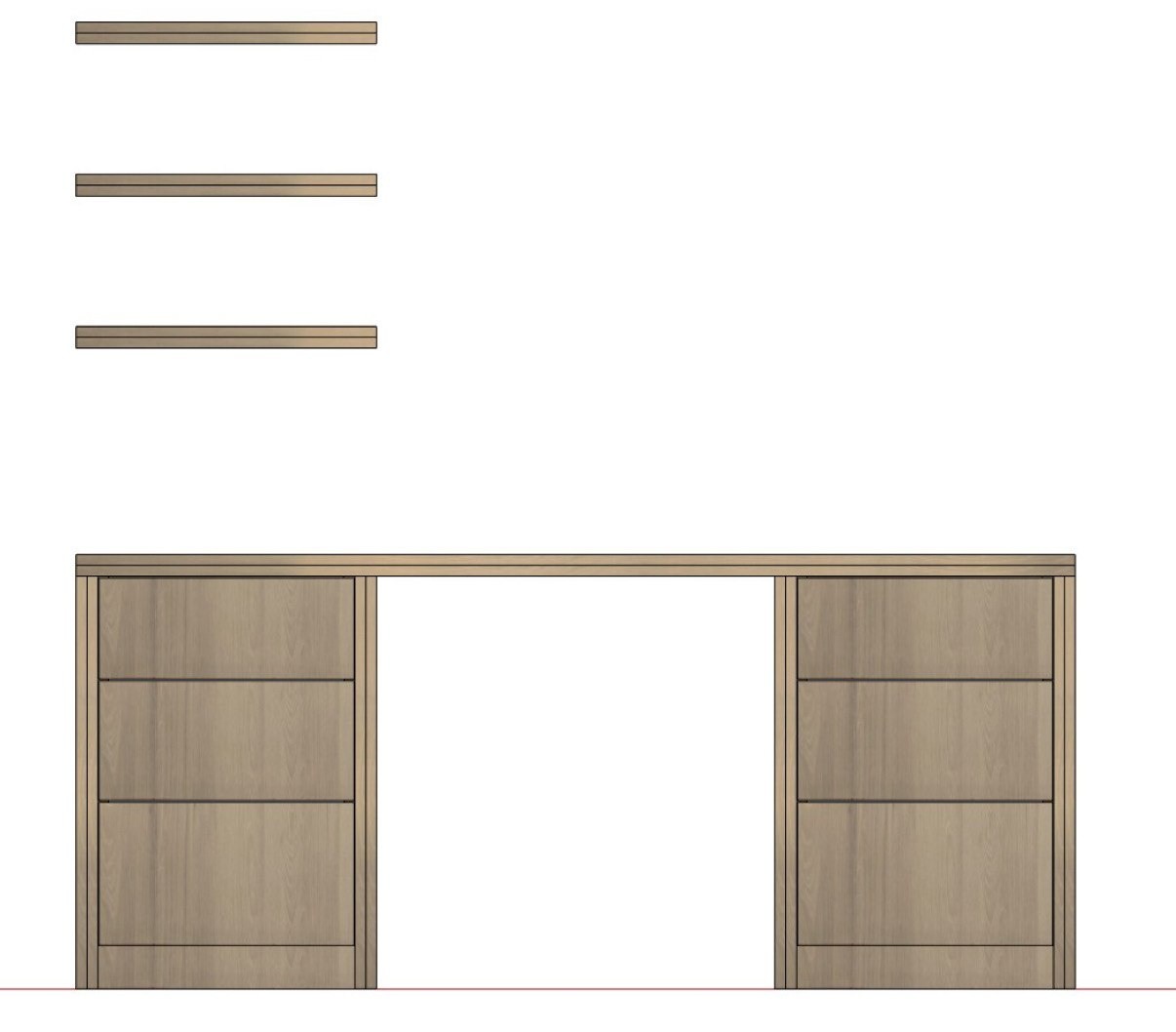 Built-in vanity design study showing shelving and millwork elevation